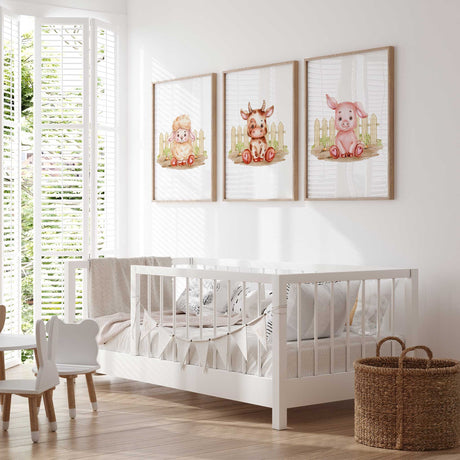 Pig, cow, and lamb wall art trio for neutral nursery decor or farmhouse kids bedroom.