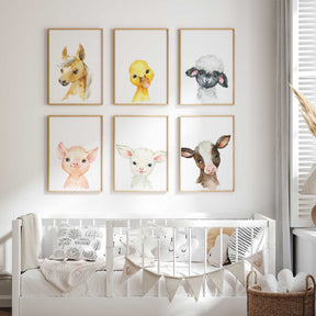 watercolour baby farm animals set including calf duckling lamb piglet pony and goat