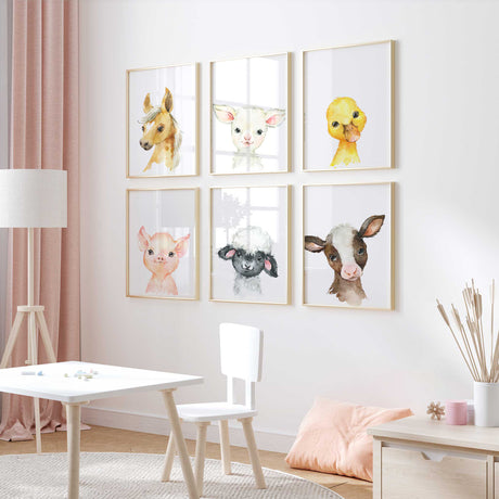 gentle watercolour farm animals arranged as a gallery wall for nursery