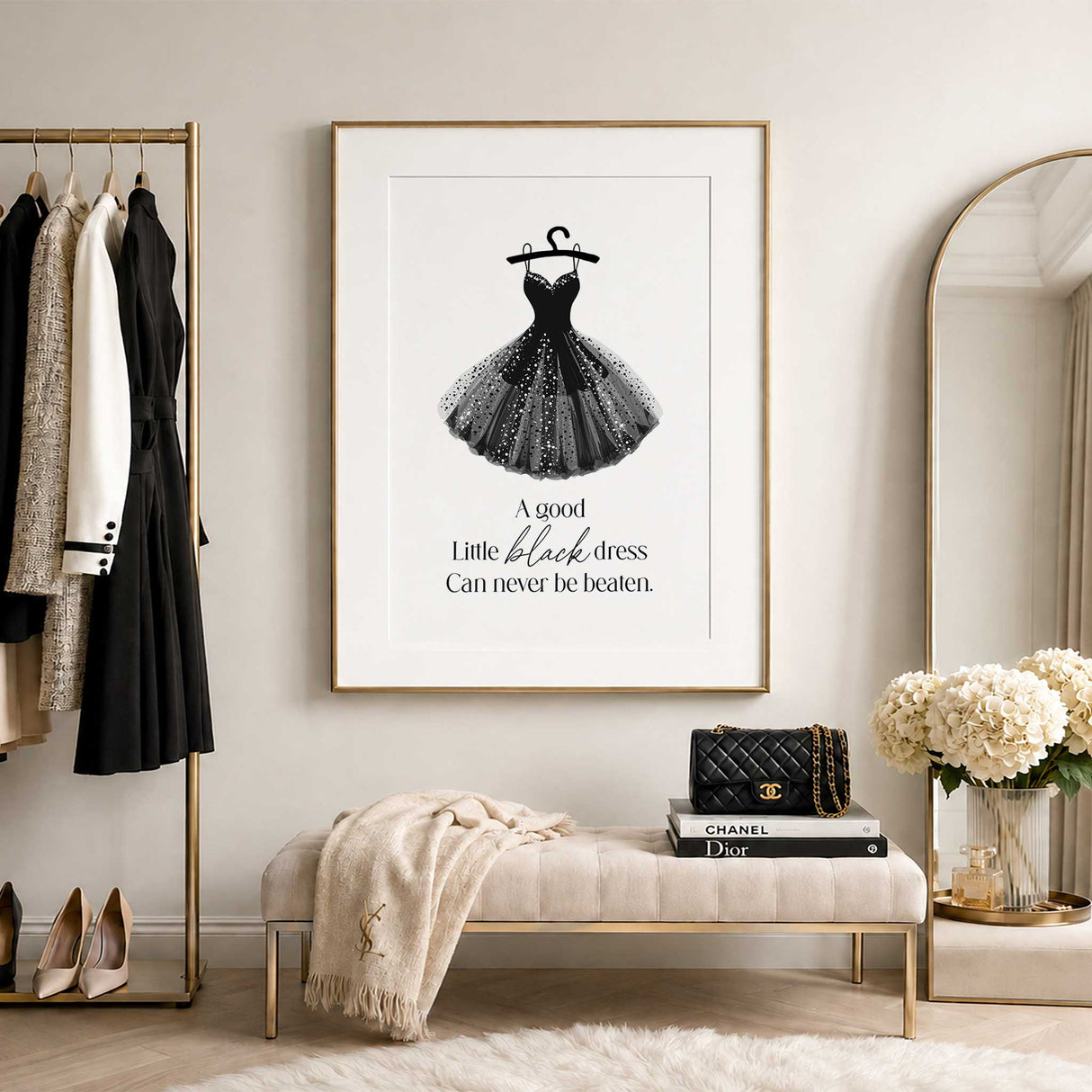 Fashion wall art featuring a glamorous black dress for a dressing room walk in wardrobe or stylish bedroom