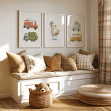Three vehicle prints featuring road initial and name, an orange fire engine, rubbish truck, ice cream van and bus.