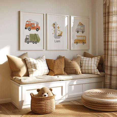 Three vehicle prints featuring road initial and name, an orange fire engine, rubbish truck, ice cream van and bus.