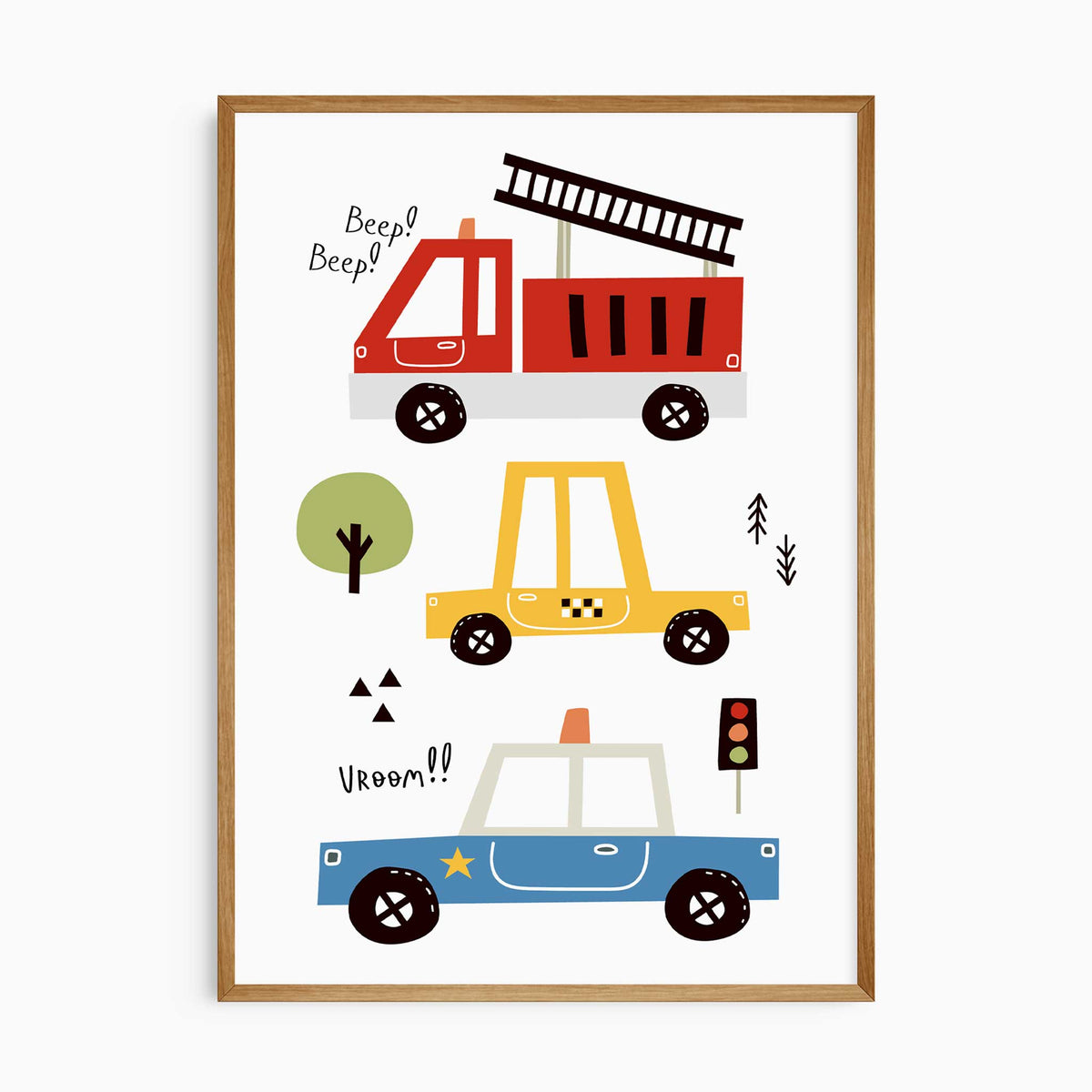 Bright fire engine, yellow taxi and blue police car illustrations with playful road and traffic light details