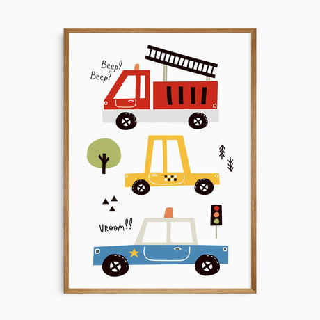 Bright fire engine, yellow taxi and blue police car illustrations with playful road and traffic light details