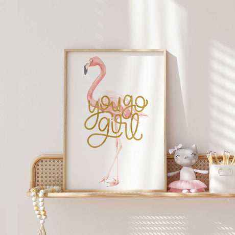 Flamingo wall decor print for a girls bedroom with pink tones