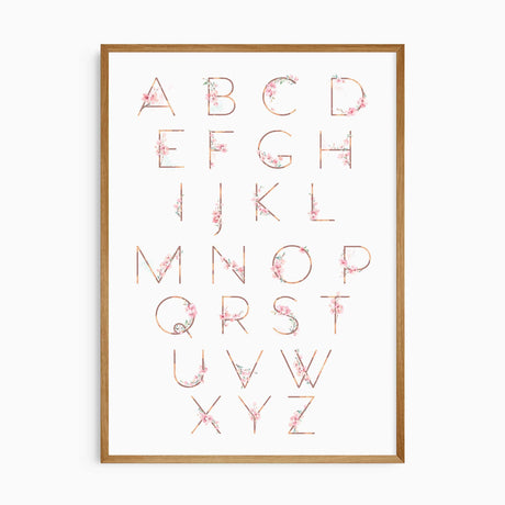 Floral alphabet nursery wall art with pink blossom letters