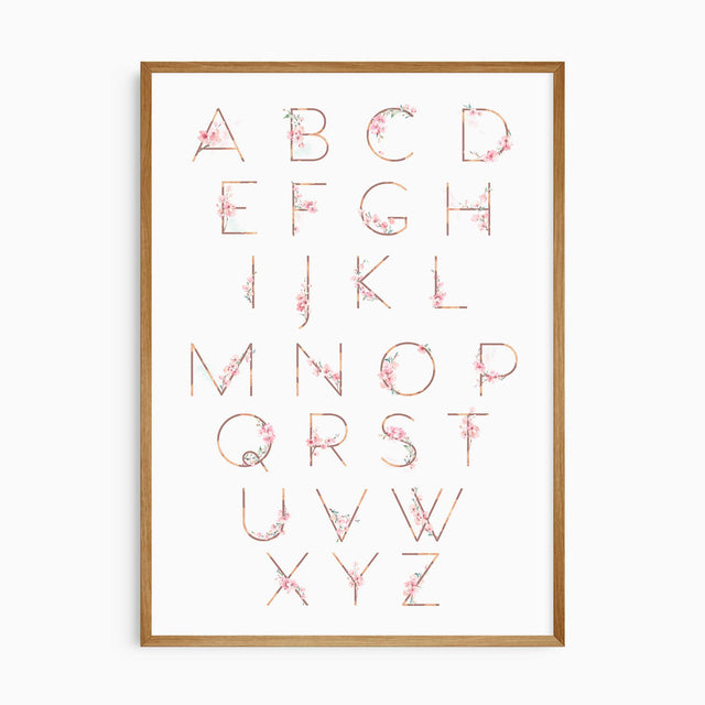 Floral alphabet nursery wall art with pink blossom letters