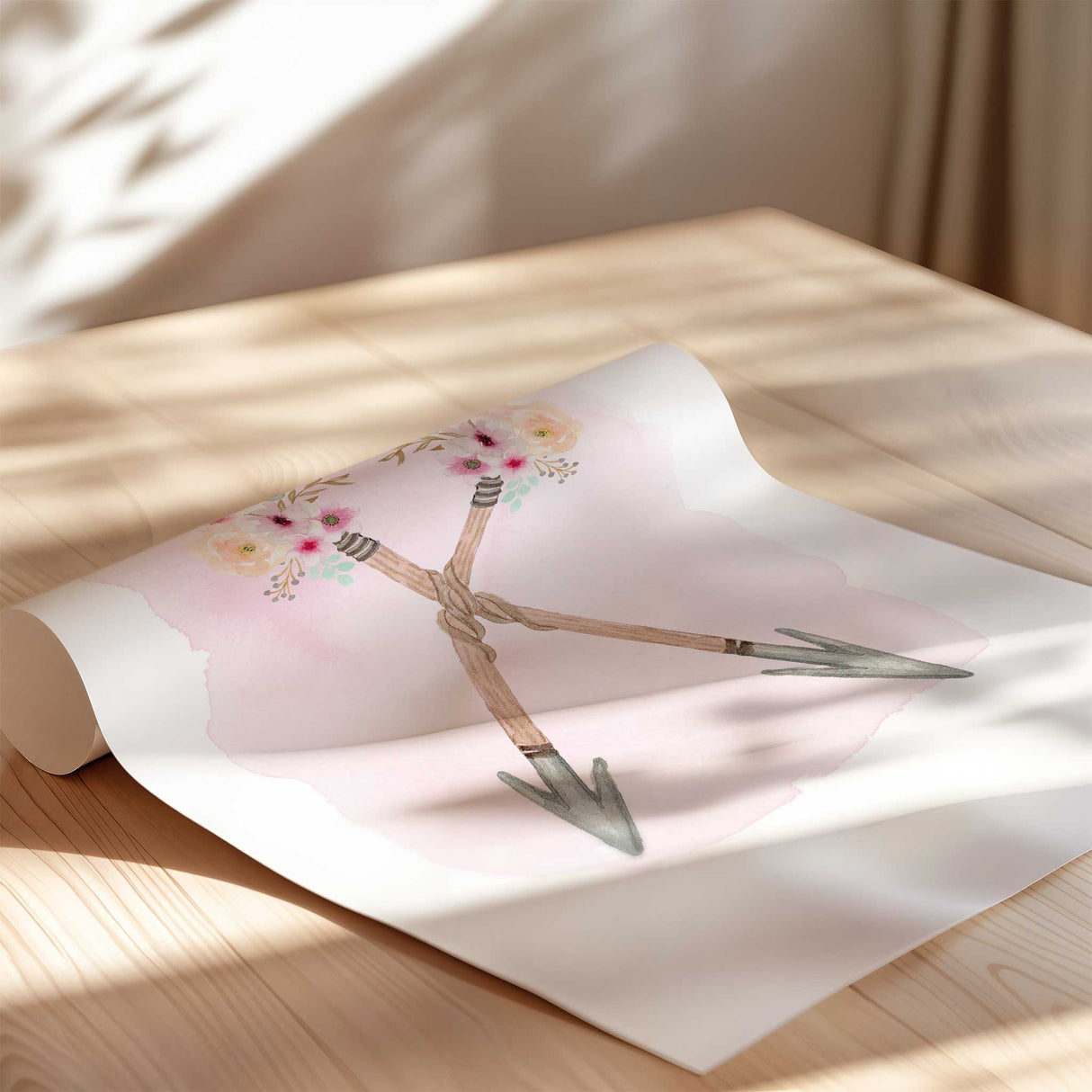 Floral arrow wall art for girls room with pink flowers and boho watercolour design