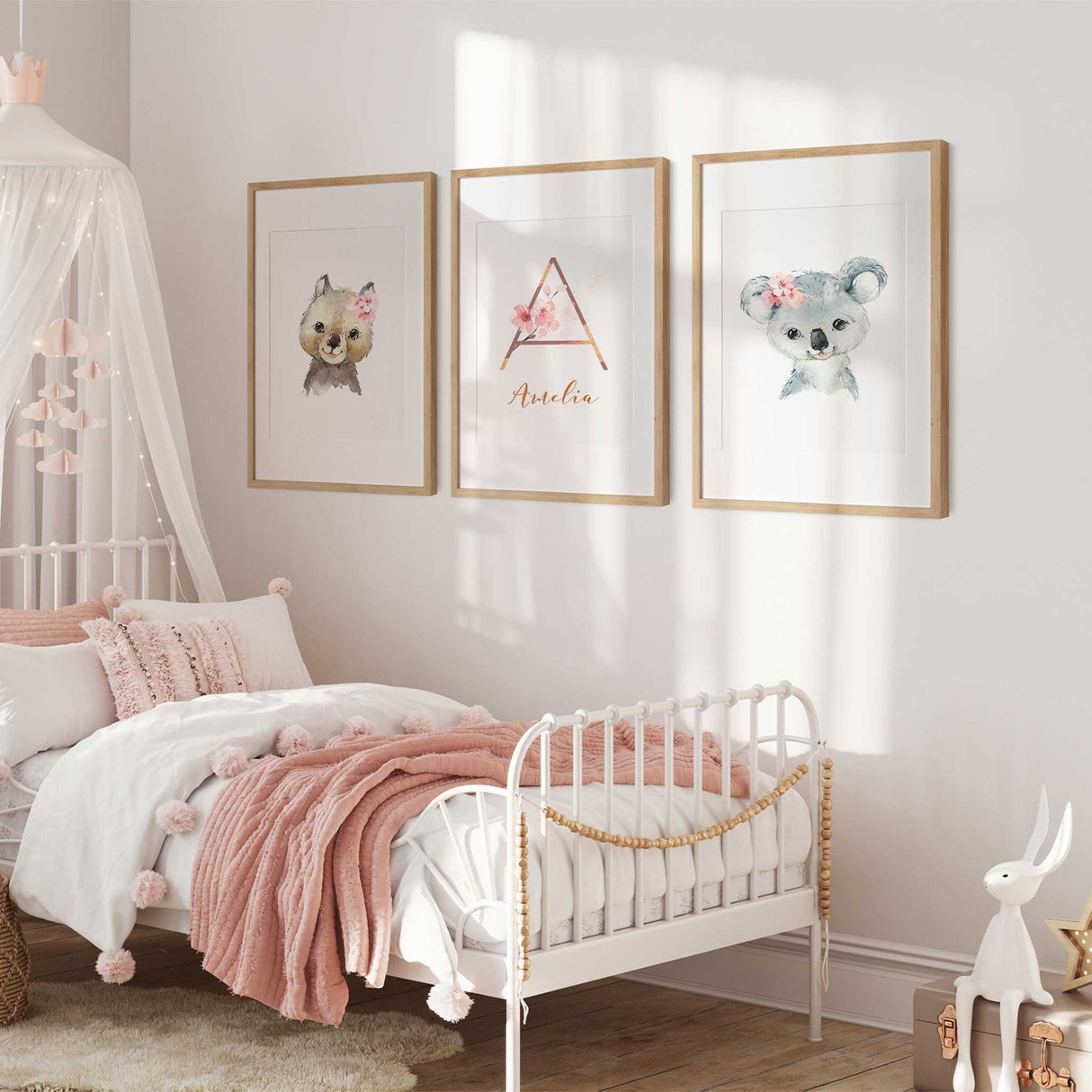 Floral Australian animal nursery print set with wombat koala and personalised initial for baby girl décor