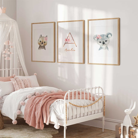 Floral Australian animal nursery print set with wombat koala and personalised initial for baby girl décor