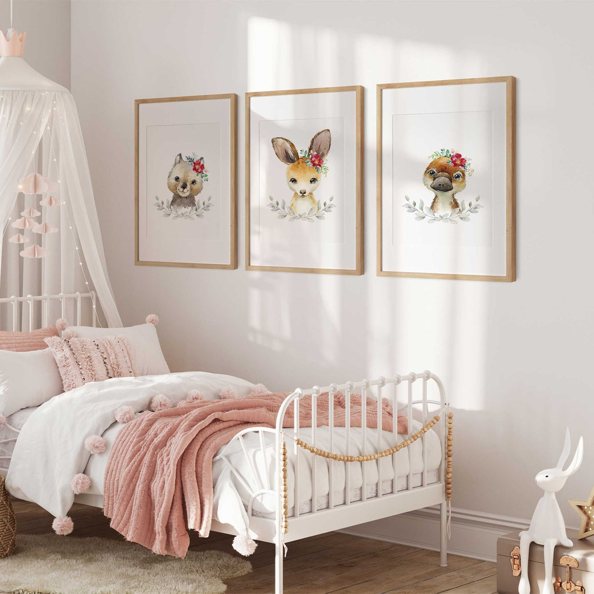 Floral Australian animal wall art set for girls nursery decor