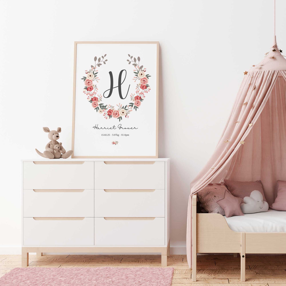 floral birth stats print for a girls room with pink flowers and personalised name