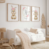Floral bunny nursery print for girls with pink flower crown