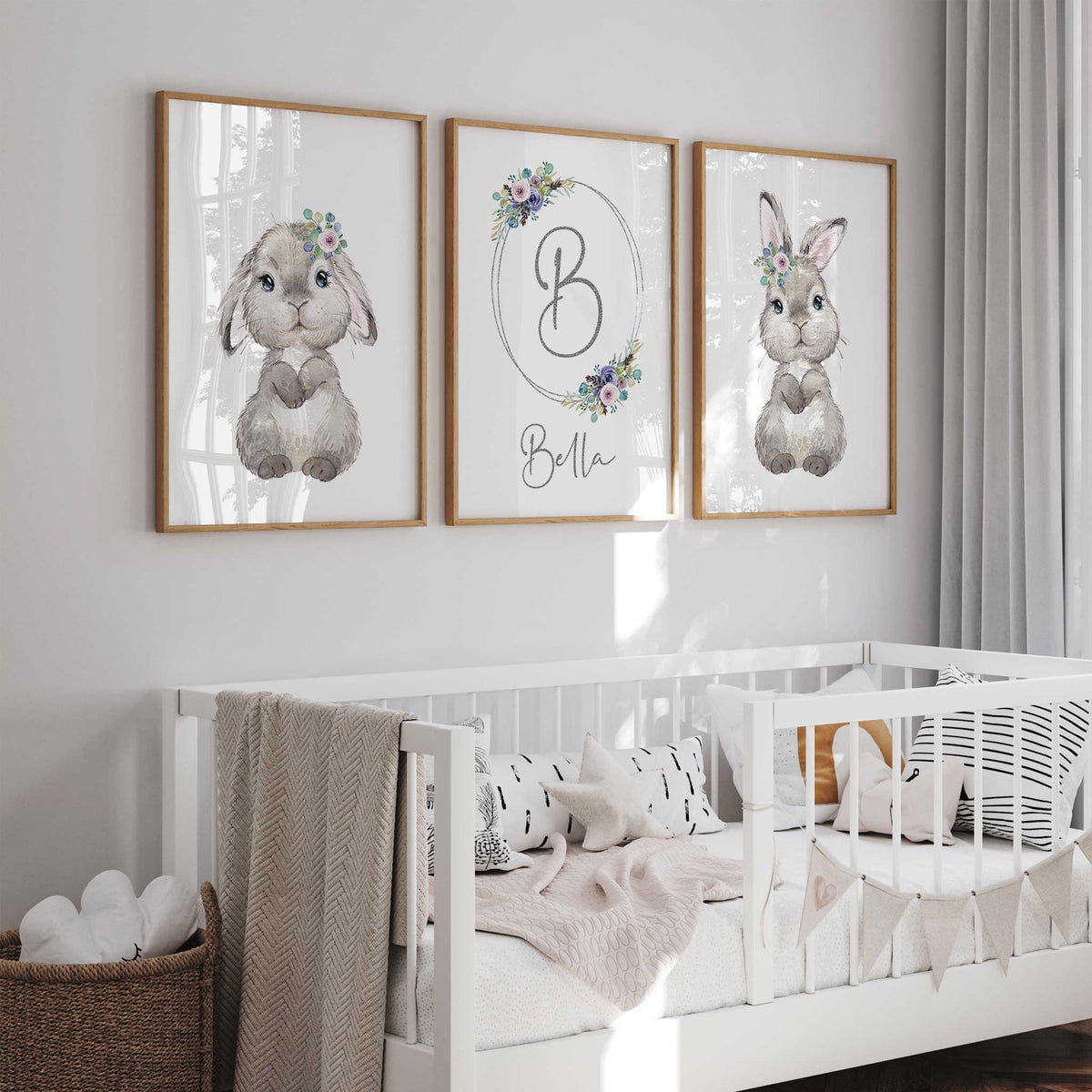 Floral bunny nursery prints set of 3 personalised girls wall art – My ...