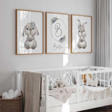 Watercolour floral bunny nursery print for girls room decor in soft pastel tones.