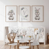 Floral bunny nursery wall art set of three prints including personalised initial.