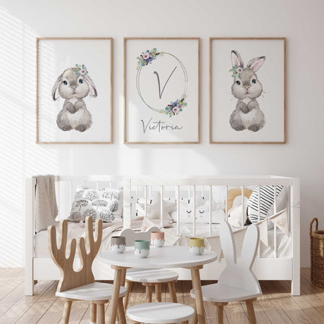 Floral bunny nursery wall art set of three prints including personalised initial.