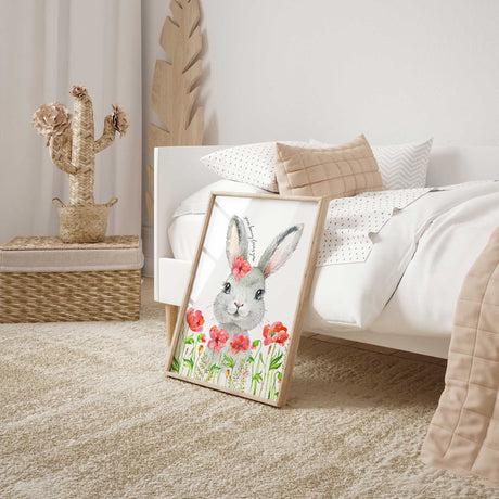 Cute bunny illustration with poppies and greenery in pastel style