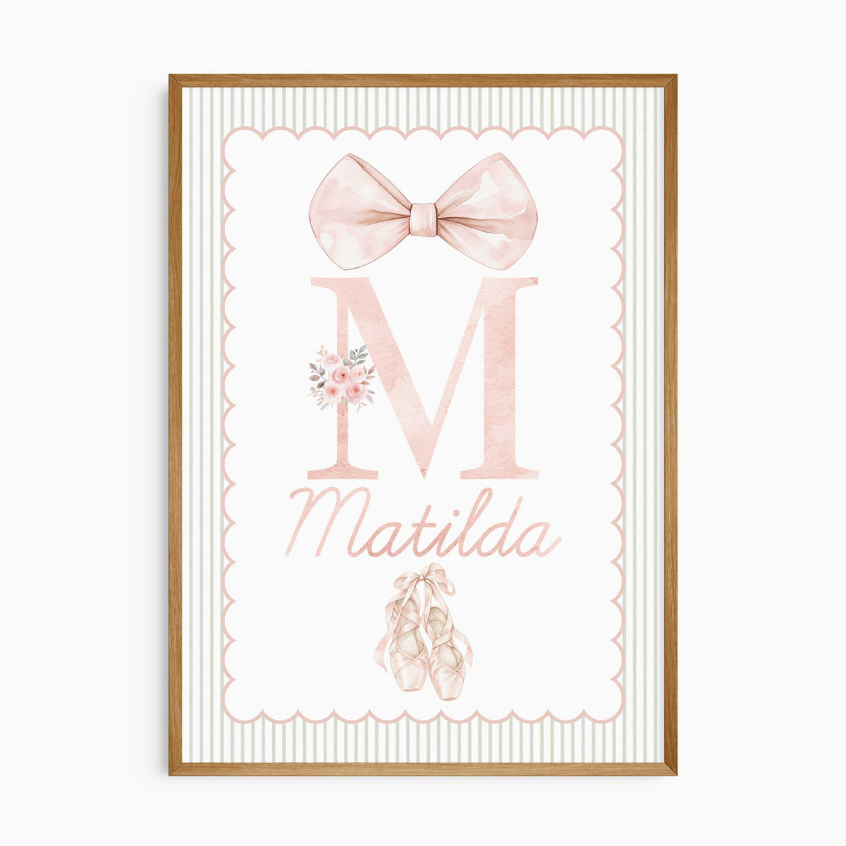 Personalised initial print with a blush watercolour bow, ballet slippers, pink flowers and sage striped border.
