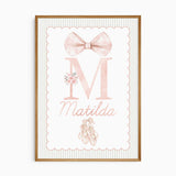 Personalised initial print with a blush watercolour bow, ballet slippers, pink flowers and sage striped border.