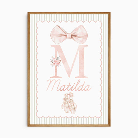 Personalised initial print with a blush watercolour bow, ballet slippers, pink flowers and sage striped border.
