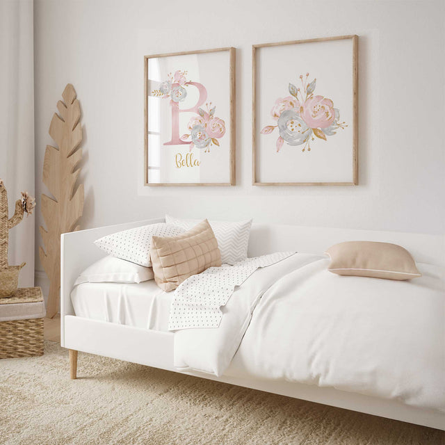 Personalised floral girls wall art set with custom initial and soft flower illustration