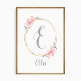 Personalised name print with a grey initial inside a floral oval, pink blossoms and the name beneath