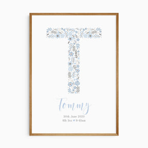 Personalised boys name print in blue floral design with birth details