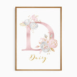 Personalised floral initial name print for a girls nursery with blush letter D and gold script name