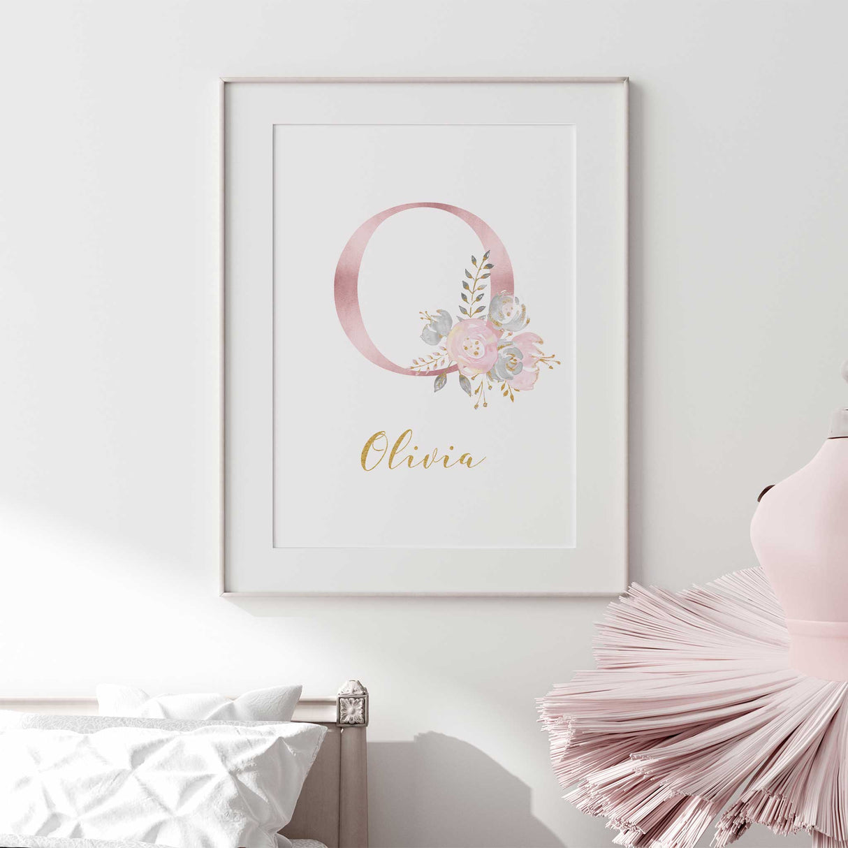 Personalised floral initial wall art print for girls nursery with pink pastel flowers and gold style name text