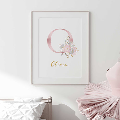 Personalised floral initial wall art print for girls nursery with pink pastel flowers and gold style name text