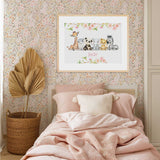 Safari animal nursery print for girls with pink floral branches and personalised name in soft pastel typography