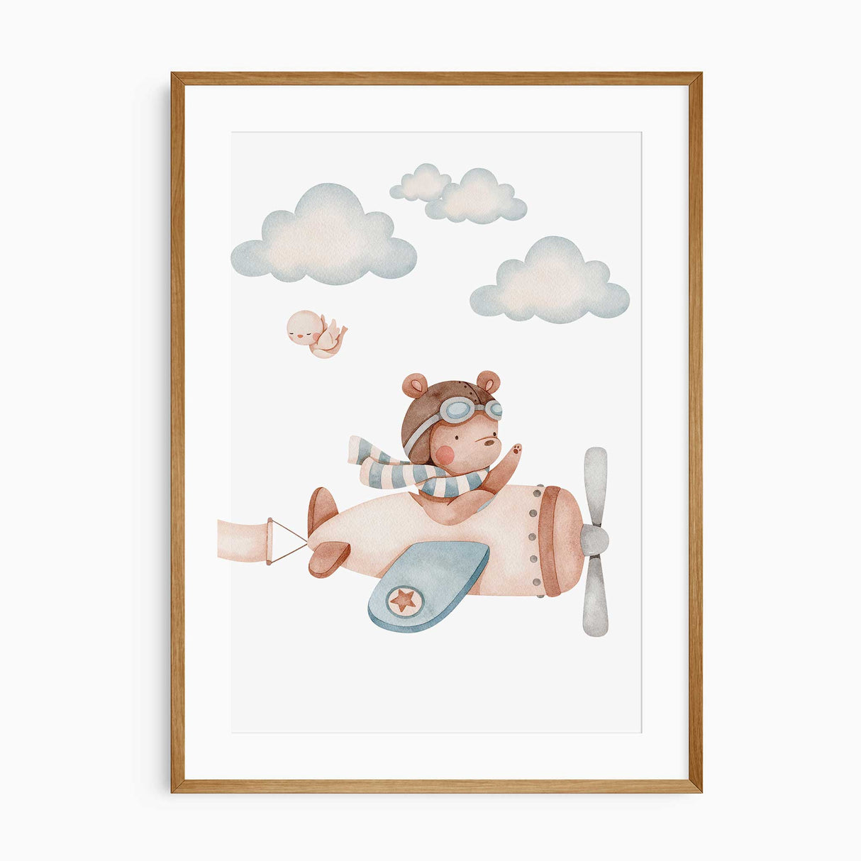 Flying teddy in vintage airplane nursery print with clouds and bird for boys bedroom décor