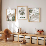 Set of three forest prints with bears, mountain scenery and a personalised initial and name design