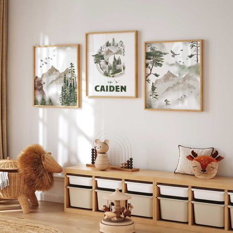 Set of three forest prints with bears, mountain scenery and a personalised initial and name design