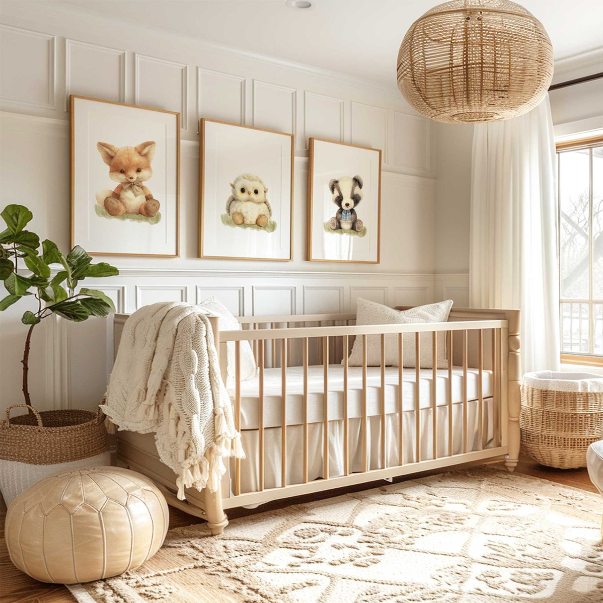 Badger kids print with blue scarf woodland nursery wall art for boys and girls