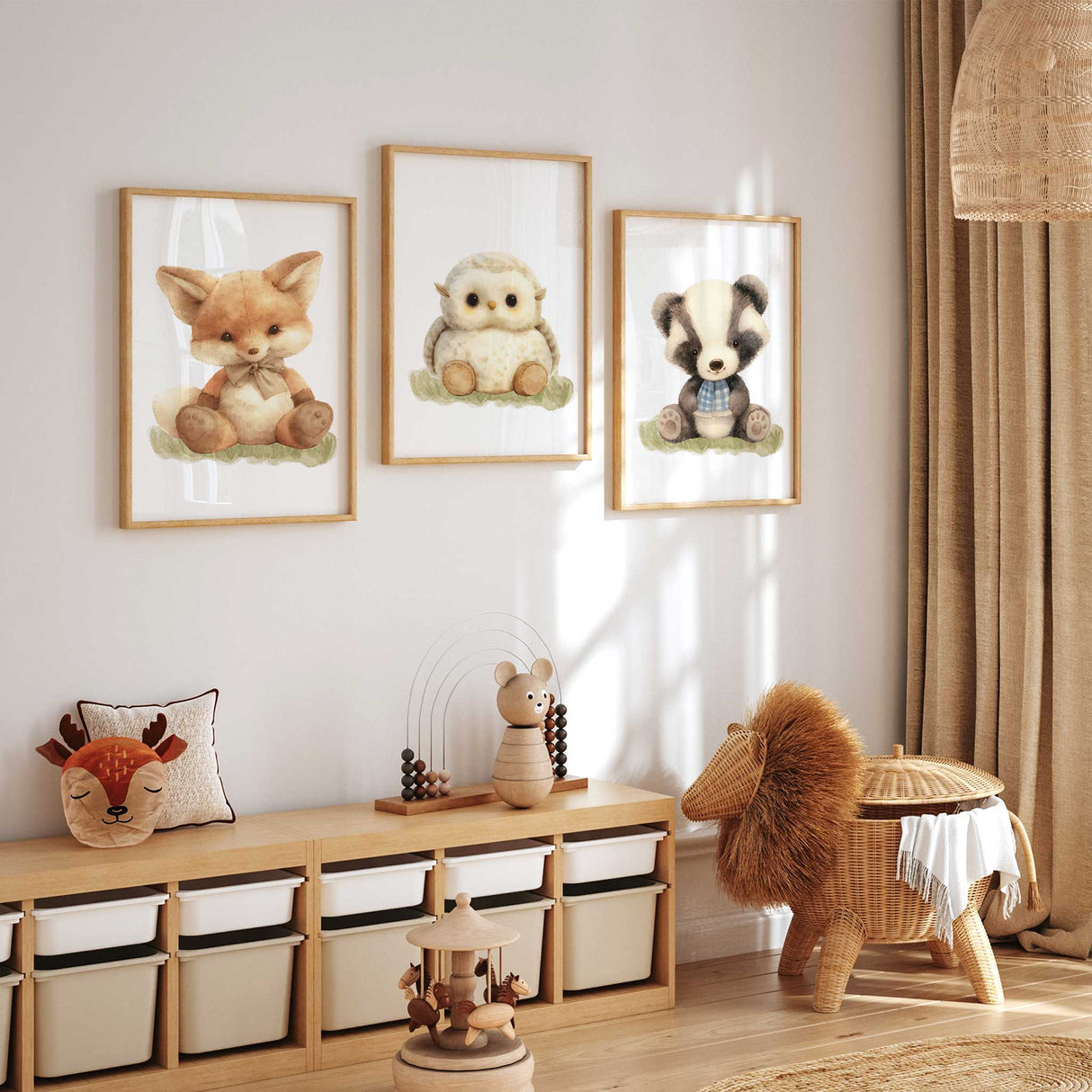 Set of three woodland animals fox owl and badger wall art for neutral nursery decor