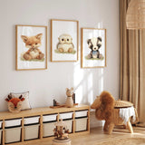 Set of three woodland animals fox owl and badger wall art for neutral nursery decor