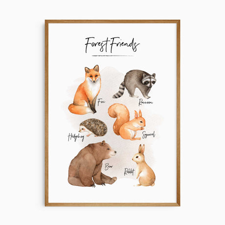 Woodland animal group illustration featuring a fox, raccoon, squirrel, bear, rabbit and hedgehog
