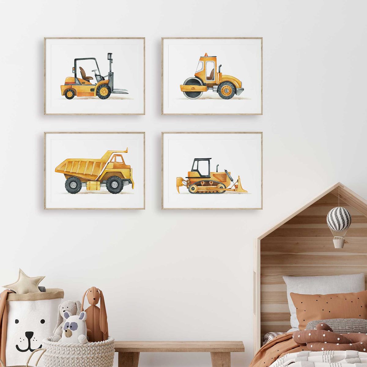 Construction vehicle set of four with yellow forklift, road roller, dump truck and tracked bulldozer illustrations on white.