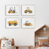 Construction vehicle set of four with yellow forklift, road roller, dump truck and tracked bulldozer illustrations on white.
