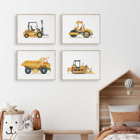 Construction vehicle set of four with yellow forklift, road roller, dump truck and tracked bulldozer illustrations on white.