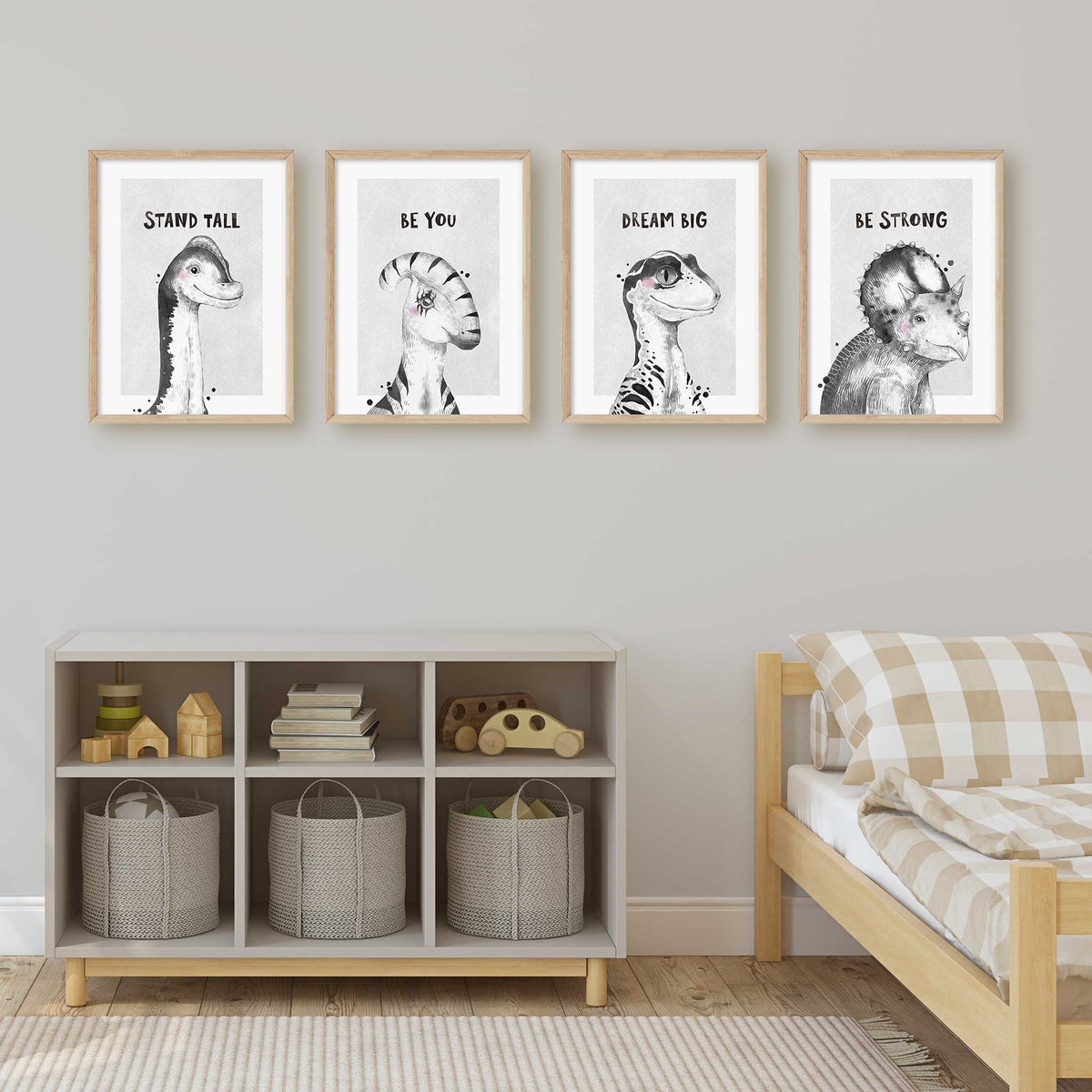 Four dinosaur affirmations: Stand Tall, Be You, Dream Big and Be Strong, each paired with a monochrome dinosaur.