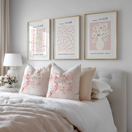 Modern French art print set featuring flowers and butterfly in Matisse style