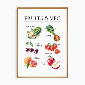 Fruit and vegetable kitchen wall art with labelled watercolour illustrations of apples, tomatoes and other produce.