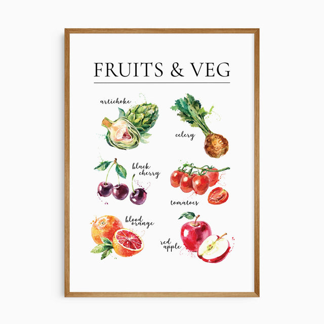 Fruit and vegetable kitchen wall art with labelled watercolour illustrations of apples, tomatoes and other produce.
