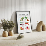 Fruit and vegetable wall art displayed in a framed kitchen mockup with colourful labelled produce illustrations.
