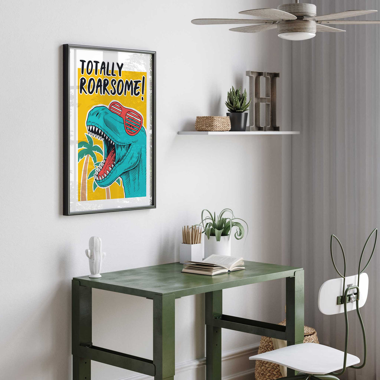 Funny dinosaur poster showing a roaring T-rex in red sunglasses beneath the words Totally Roarsome.