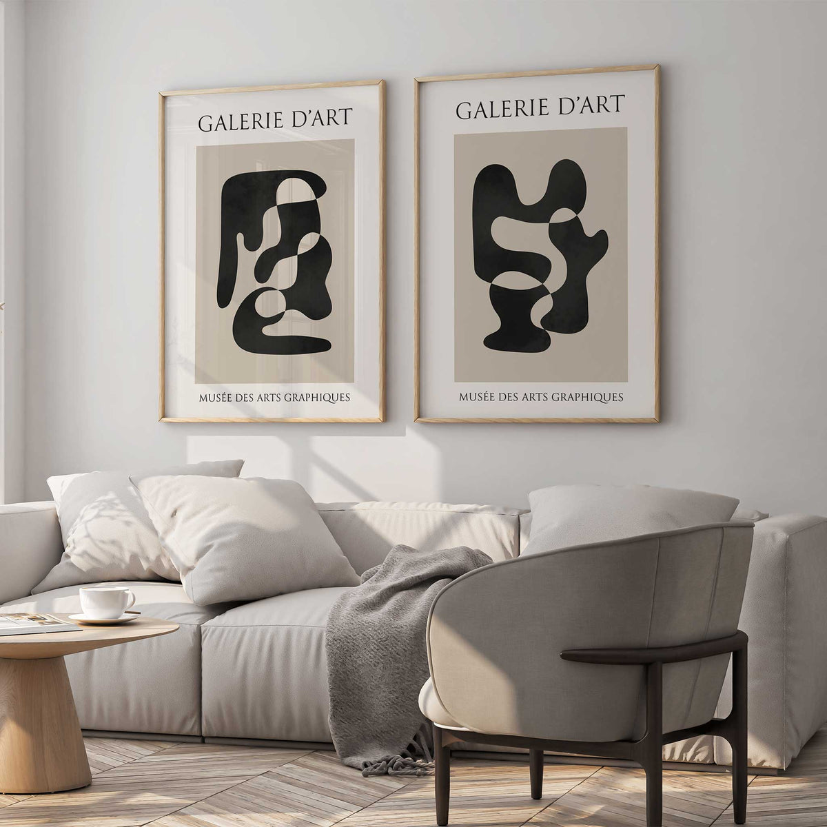 Gallery style print pair with black abstract forms, beige panels and Musée des Arts Graphiques lettering below.