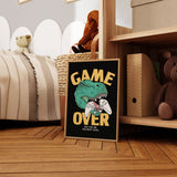 Game Over wall art print with a T-Rex and game controller in a bold gaming design